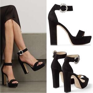 Jimmy Choo Mionne 120mm Crystal Embellished Platform Black Leather Heels Sz 9.5